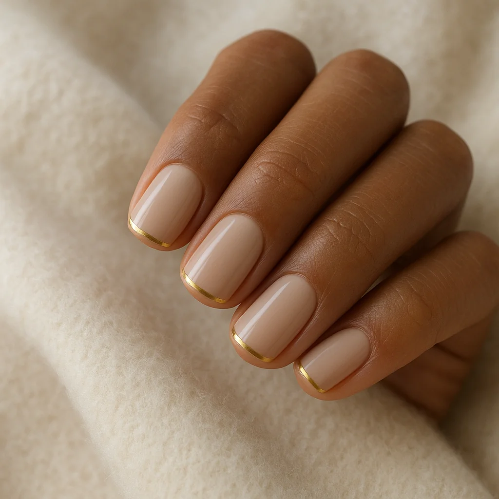 Short square nails in nude beige with thin gold edge on warm brown skin on cream cashmere — quiet luxury nails 2026