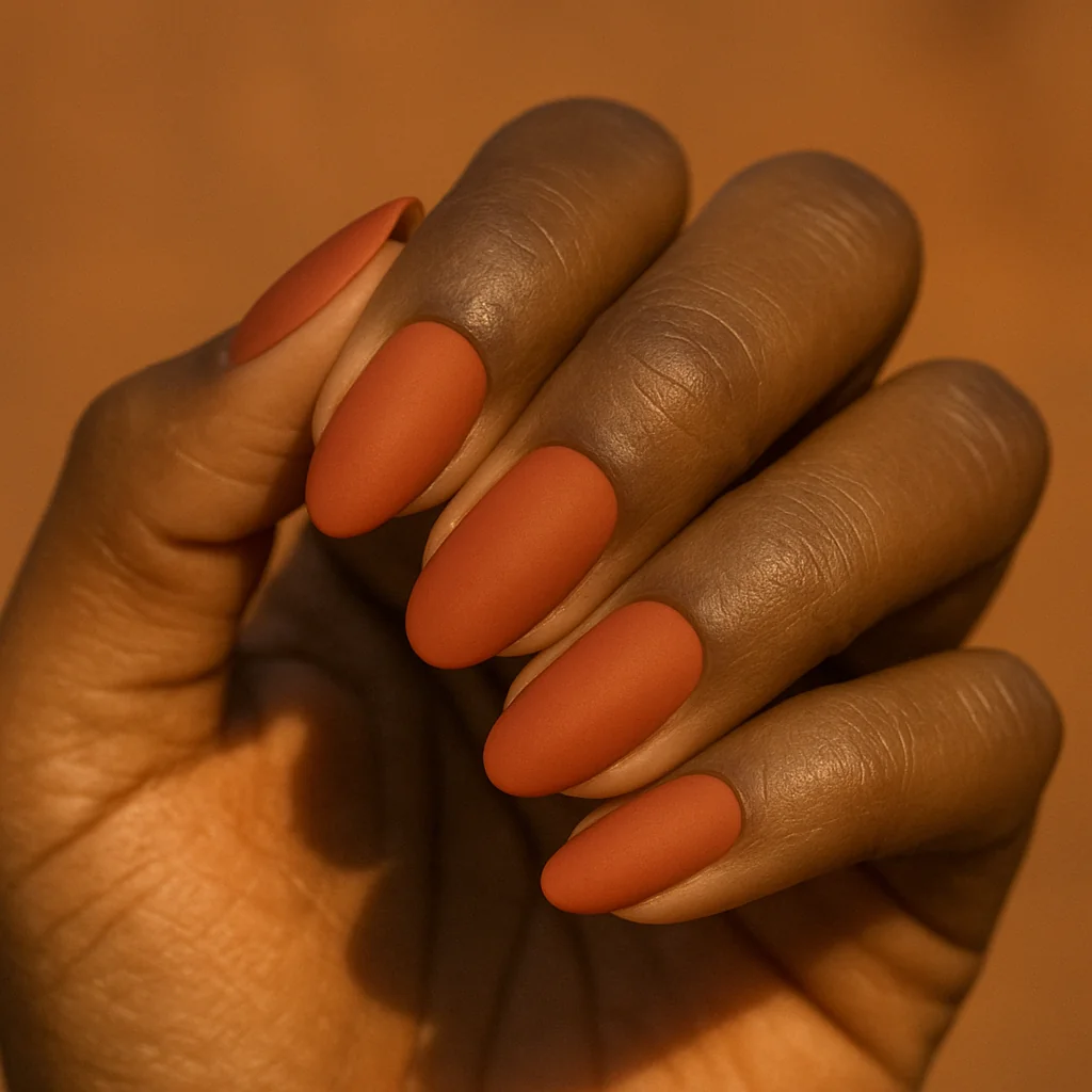 Short almond nails in matte terracotta rust orange on olive tan skin in golden hour light — autumn nail 2026