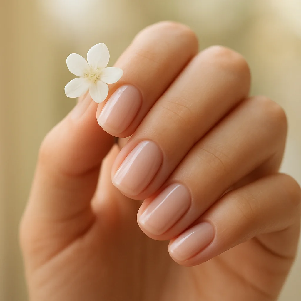 Short squoval nails in sheer milky pink glaze on medium fair skin holding a small white flower — romantic nail 2026