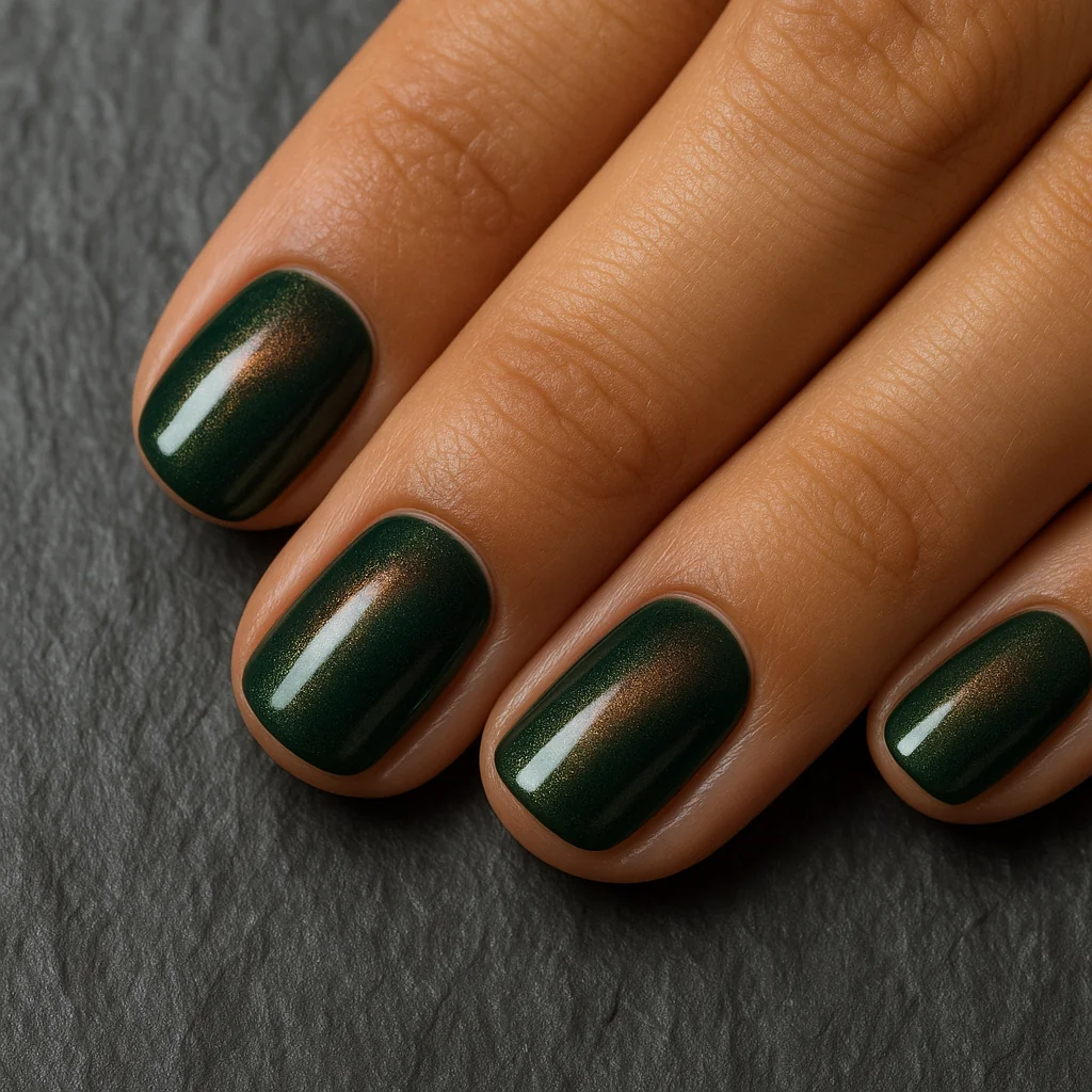 Short round nails in forest green cat-eye copper shimmer on warm brown skin on slate — manicure 2026