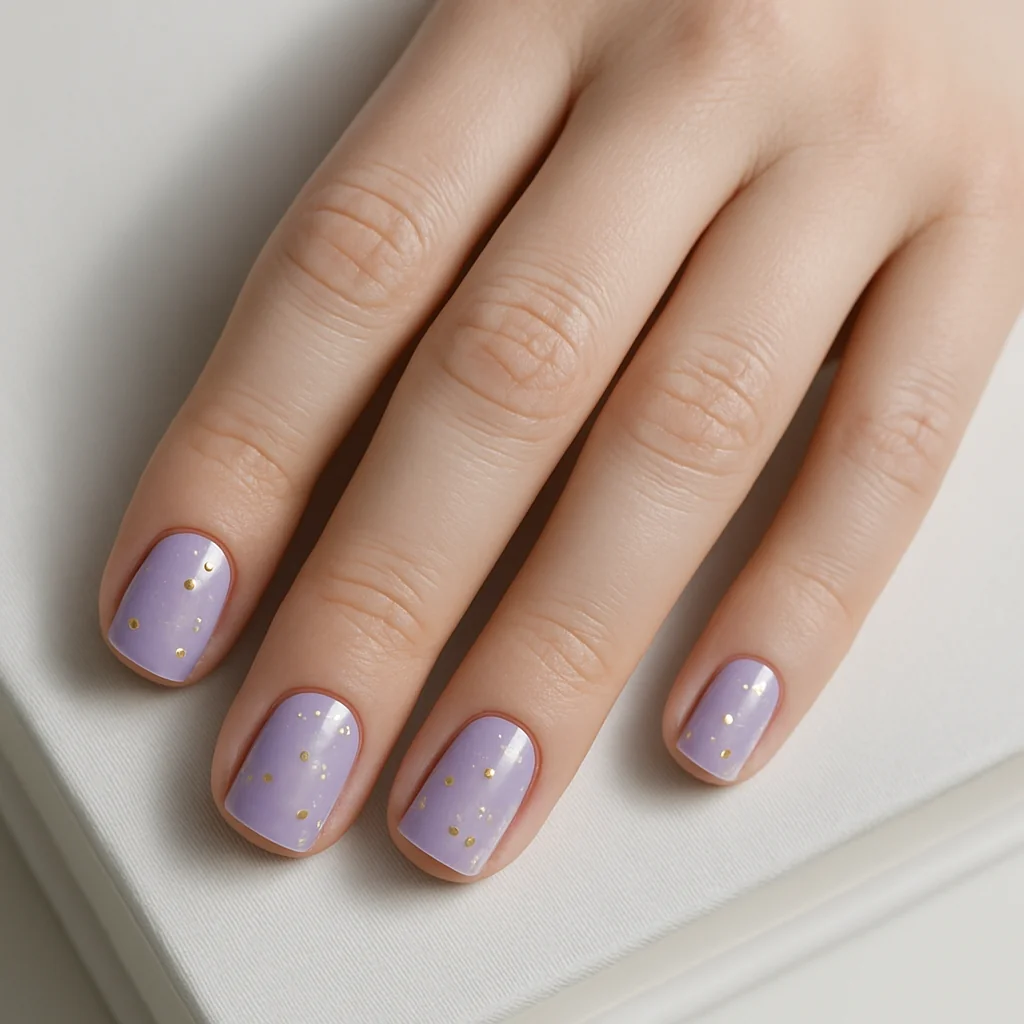 Short square nails in pastel lavender with scattered gold foil on pale cool skin — aesthetic nail design 2026