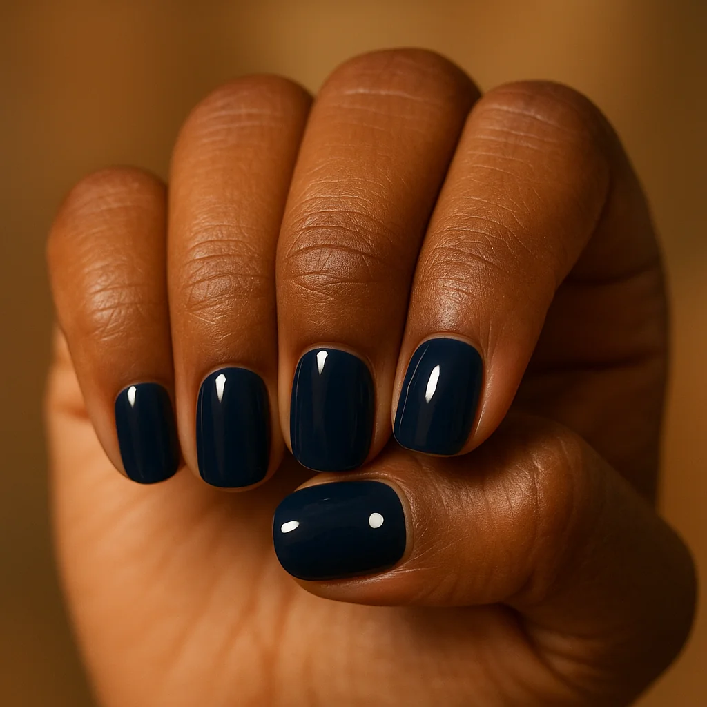 Short squoval nails in deep navy with single white dot accent on ring finger on dark brown skin — elegant nail 2026