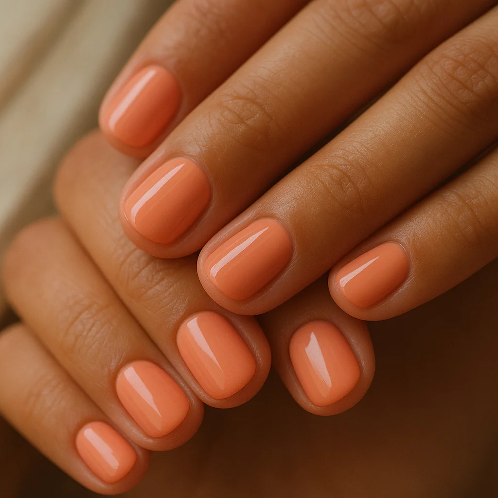 Short round nails in warm peach sorbet glossy finish on medium warm skin in natural light — summer nail 2026