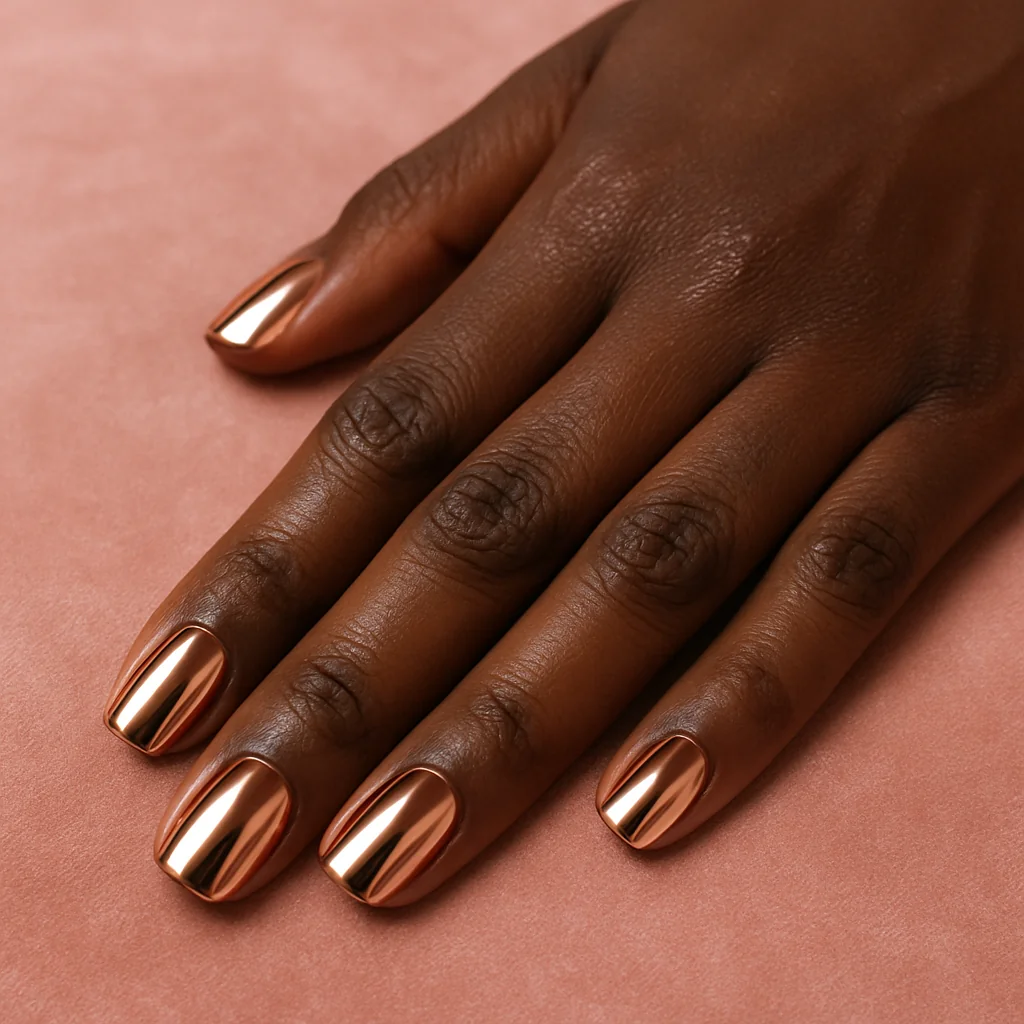 Short square chrome rose gold mirror nails on deep dark brown skin on pink velvet — glamour nail design 2026