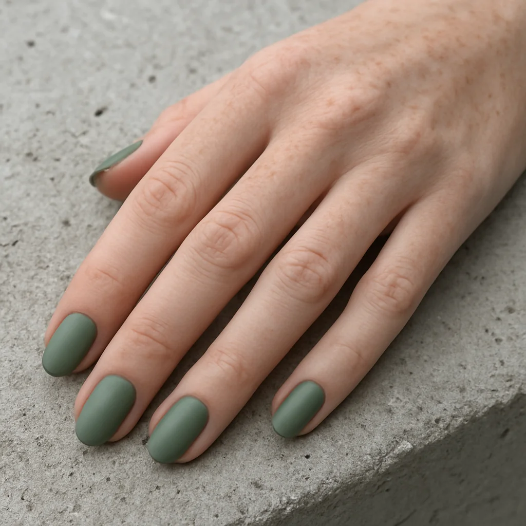 Short almond nails in muted sage green matte on fair freckled skin on rough concrete — minimalist nail 2026
