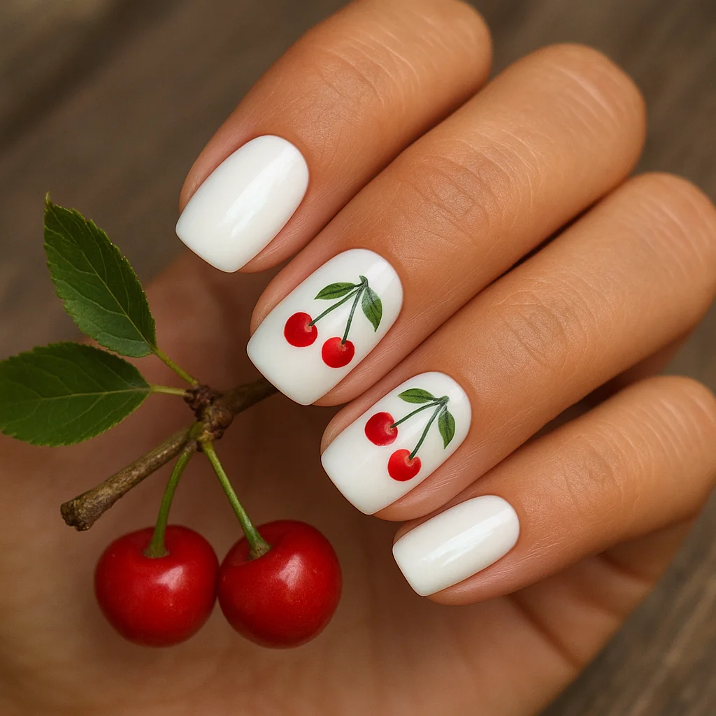 Short squoval nails with hand-painted cherry print on warm tan skin holding a cherry branch — summer nail art 2026