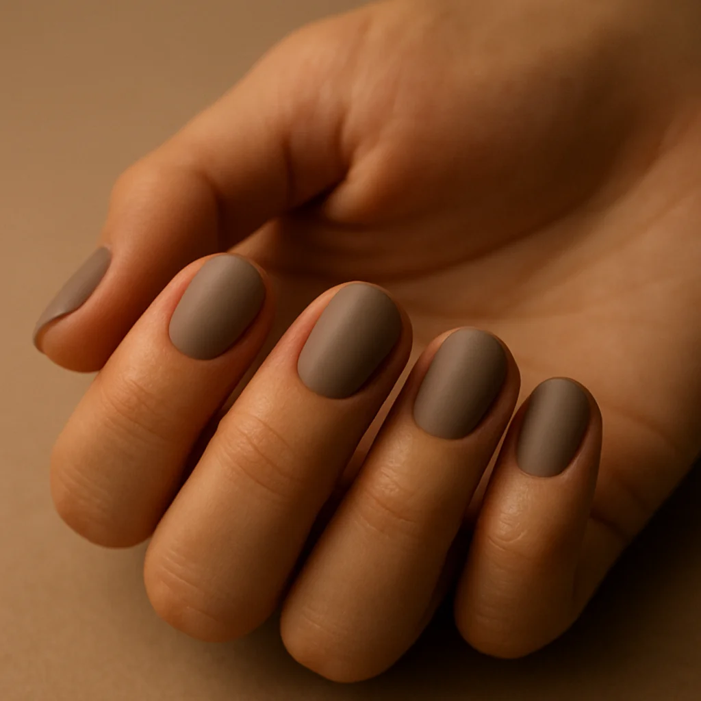Short round nails in mushroom taupe semi-matte on light olive skin at 45 degrees — quiet luxury nail 2026