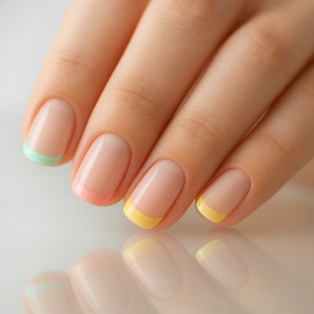 Short squoval nails with pastel stripe French tips in mint coral and yellow on medium fair skin — nail art 2026