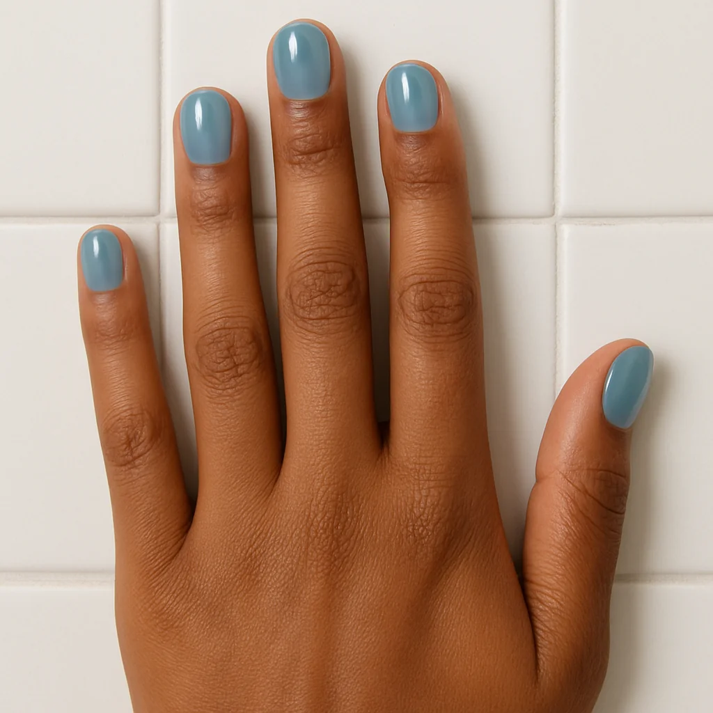 Short round nails in translucent aqua turquoise jelly gel on warm brown skin from above on white tiles — summer nail 2026