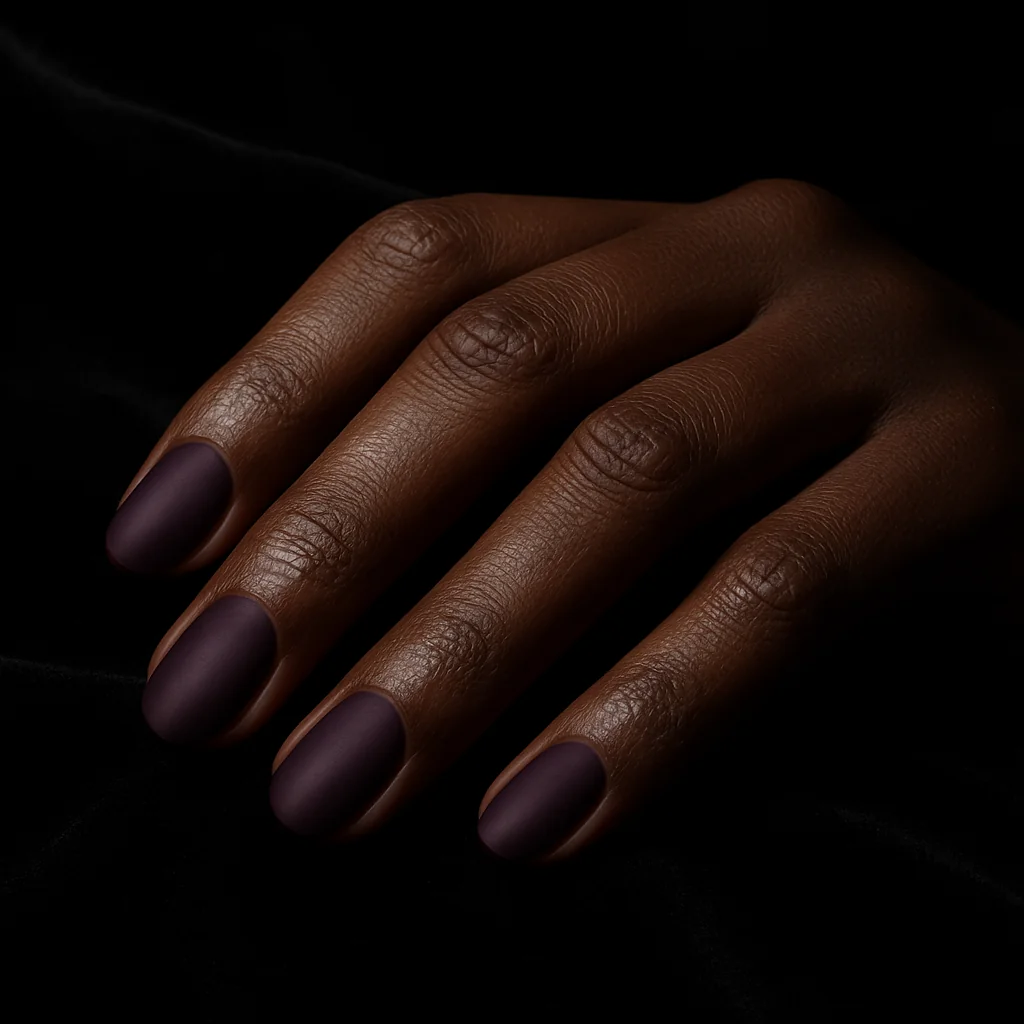 Short almond nails in matte deep plum purple on dark rich brown skin on black velvet — moody nail design 2026