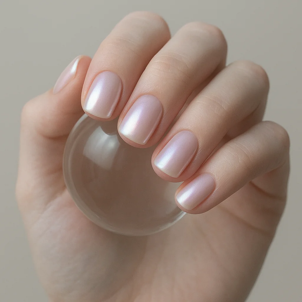 Short square nails in glazed iridescent white pearl on pale cool skin holding a glass sphere — artistic nail 2026