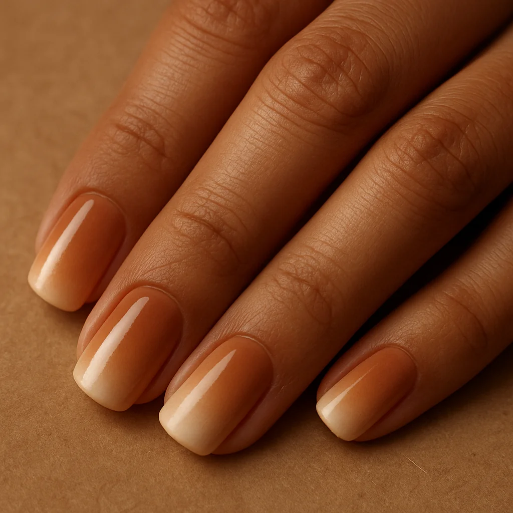 Short squoval nails in warm caramel to cream ombré on olive skin on kraft paper — earthy nail design 2026