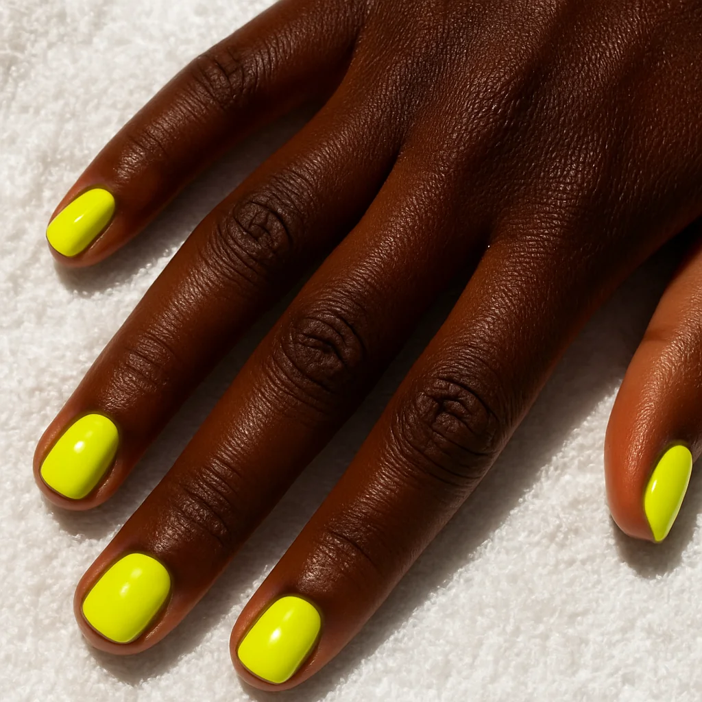 Short round nails in electric neon yellow gloss on deep dark brown skin in harsh sunlight — bold nail design 2026