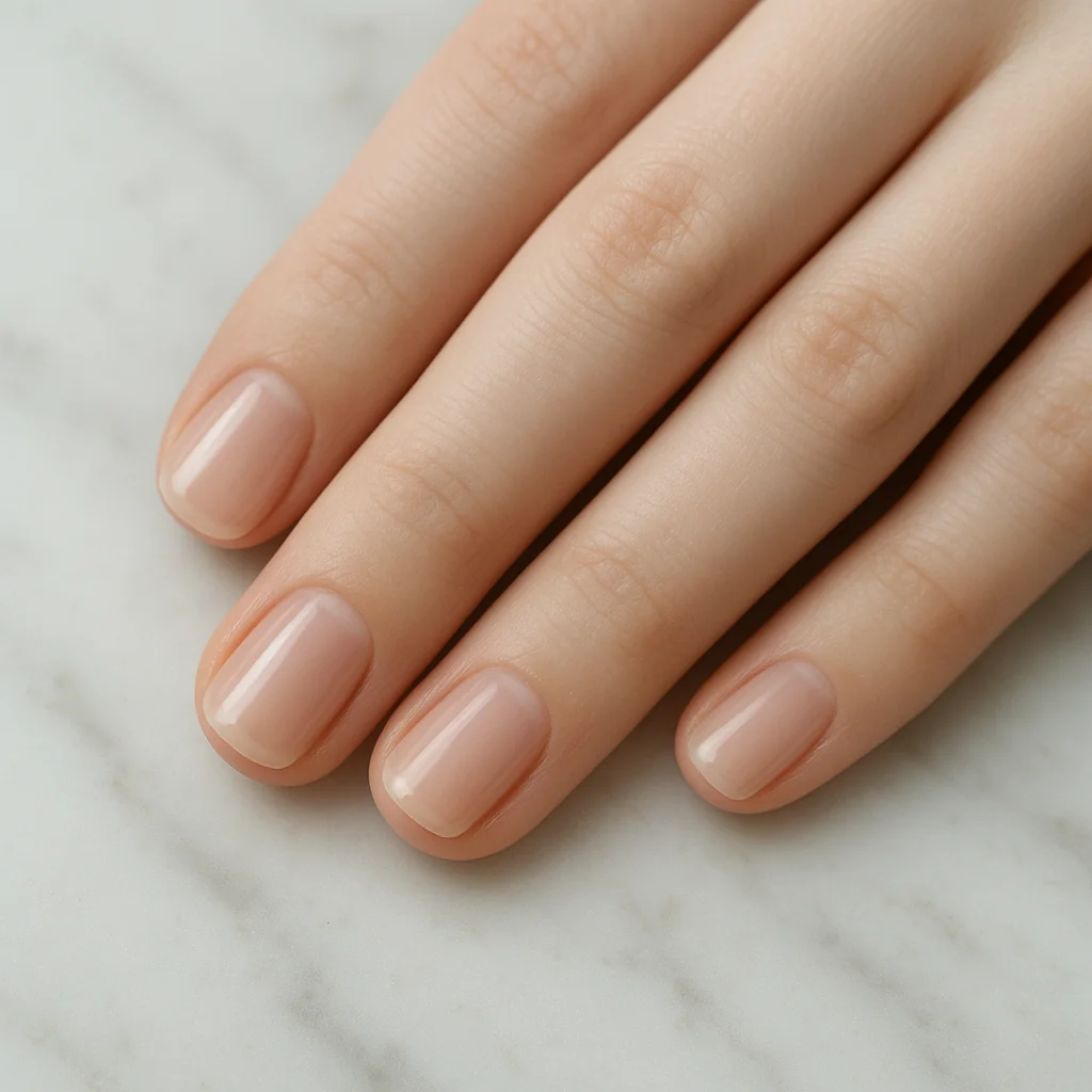 Short square nails in ultra-sheer soap nail finish on very fair porcelain skin on marble — minimal nail 2026
