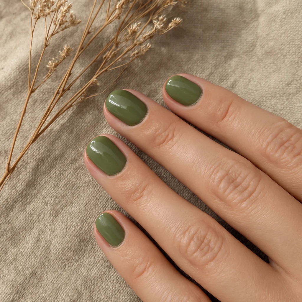 Short squoval nails in matcha earthy green gloss on light medium skin holding dried wildflowers — organic nail 2026