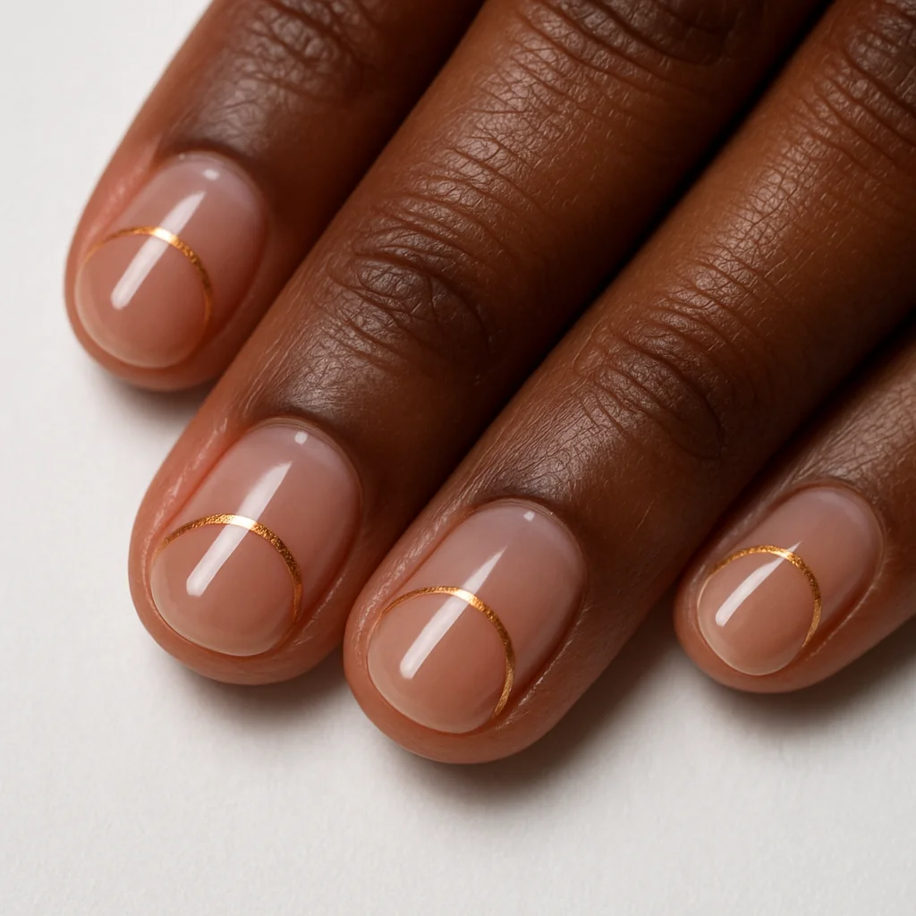 Short round nails with negative space gold arc design on clear gel base on dark brown skin — geometric nail art 2026