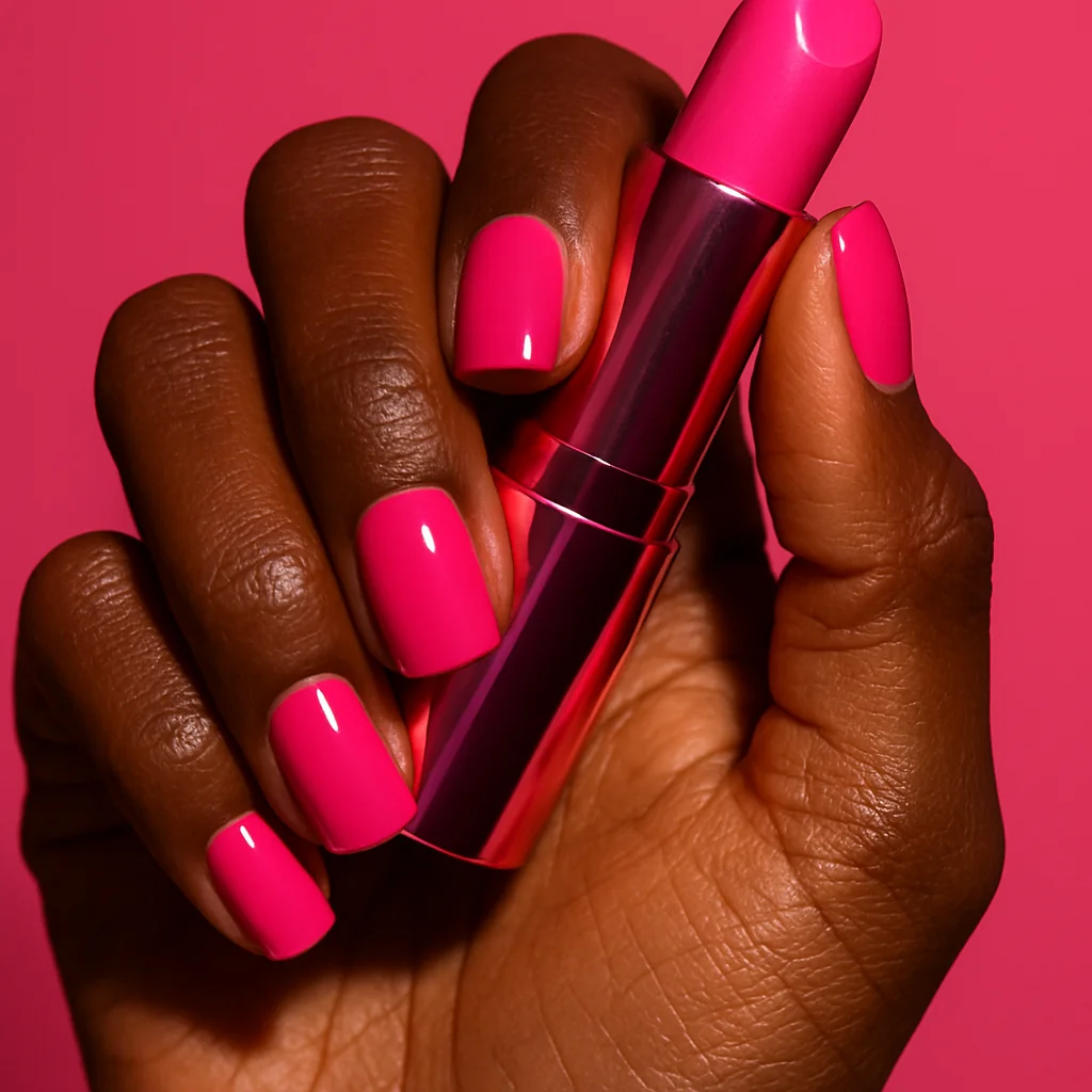 Short square hot pink barbie gloss nails on dark skin holding pink lipstick — bold beauty editorial nail 2026