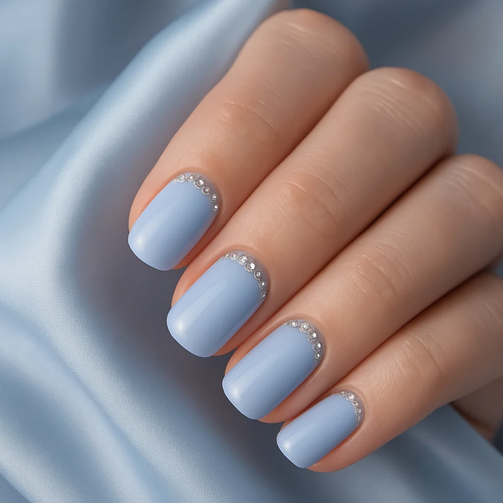 Short squoval nails in soft baby blue with crystal gems along cuticle line on pale fair skin on silk — elegant nail 2026