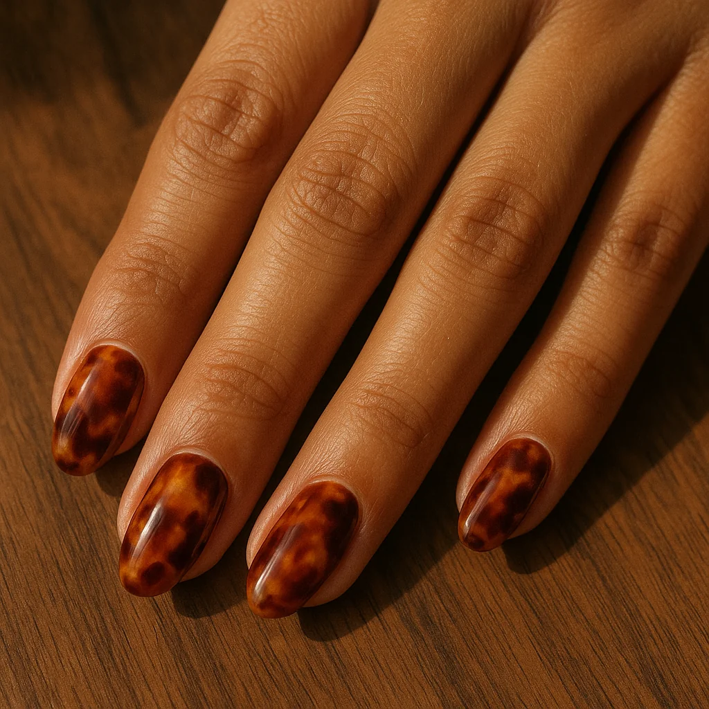 Short almond nails in tortoiseshell amber brown marble on warm tan skin on walnut wood — classic nail art 2026