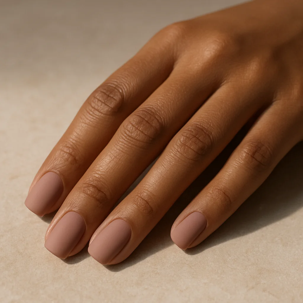 Short square nails in matte dusty rose nude on medium warm brown skin on beige stone — quiet luxury nail 2026