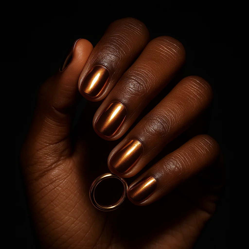 Short round nails in copper gold chrome on deep dark brown skin holding a gold ring — luxury nail editorial 2026