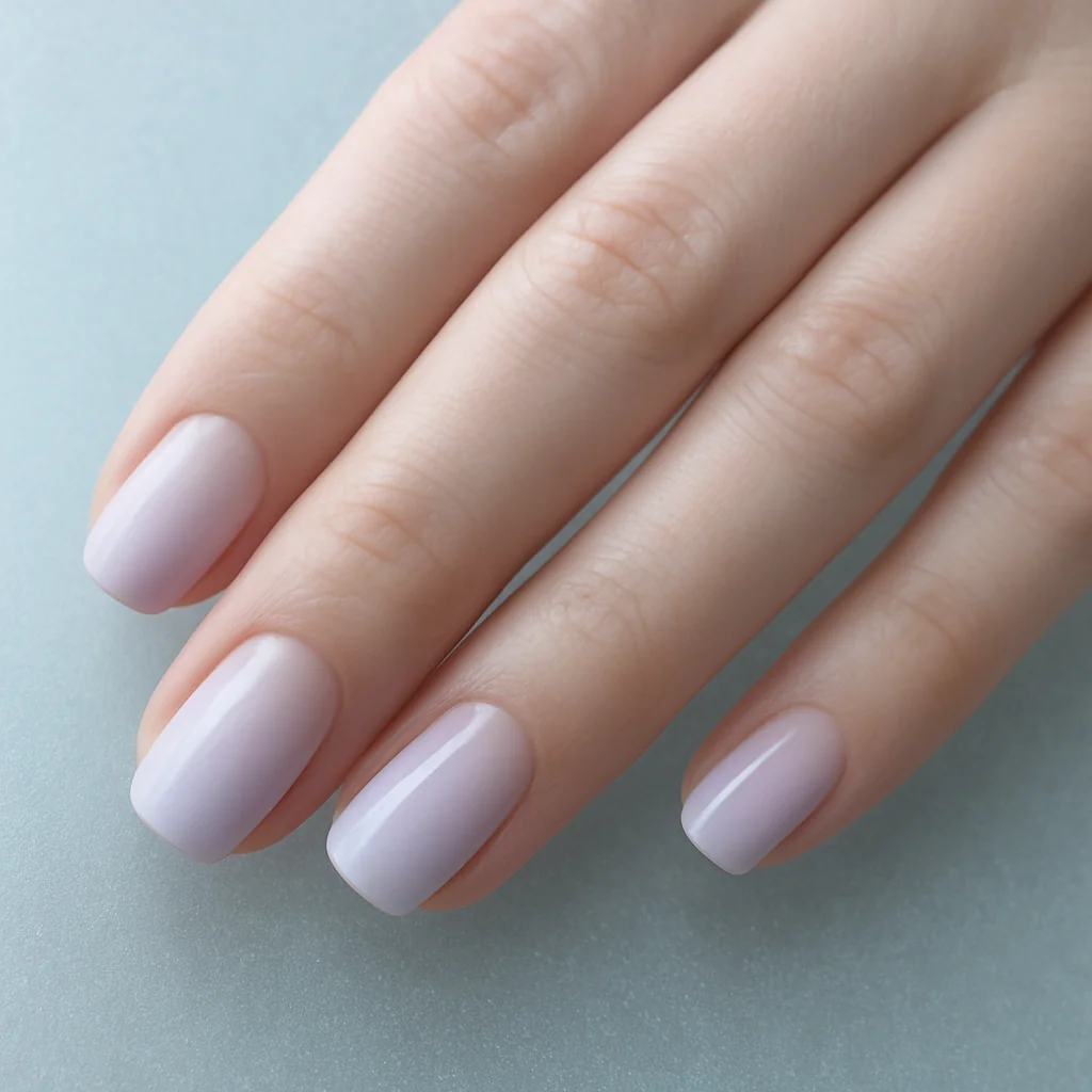 Short squoval nails in pale lavender to white ombre on fair cool skin on frosted glass — ethereal nail design 2026