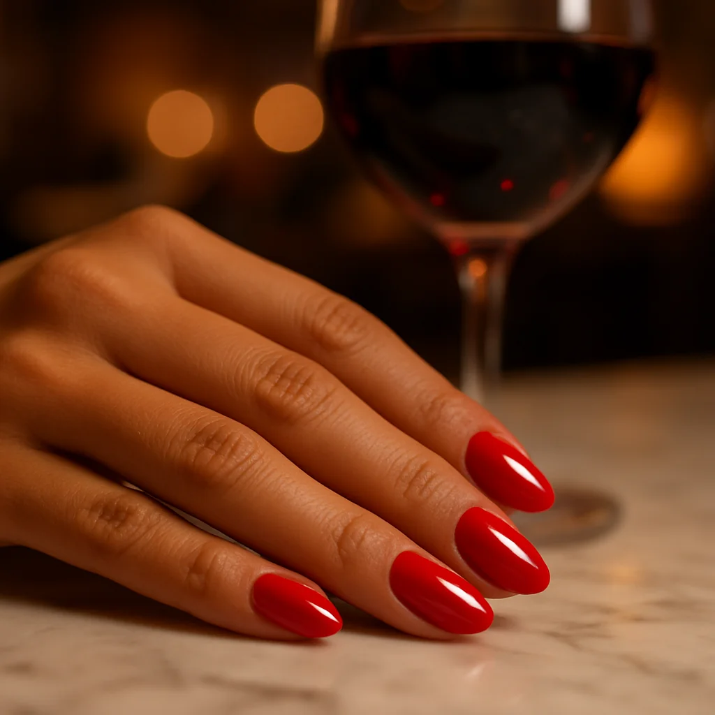 Short almond nails in bright cherry red glossy gel on olive skin on marble with wine glass — lifestyle nail 2026