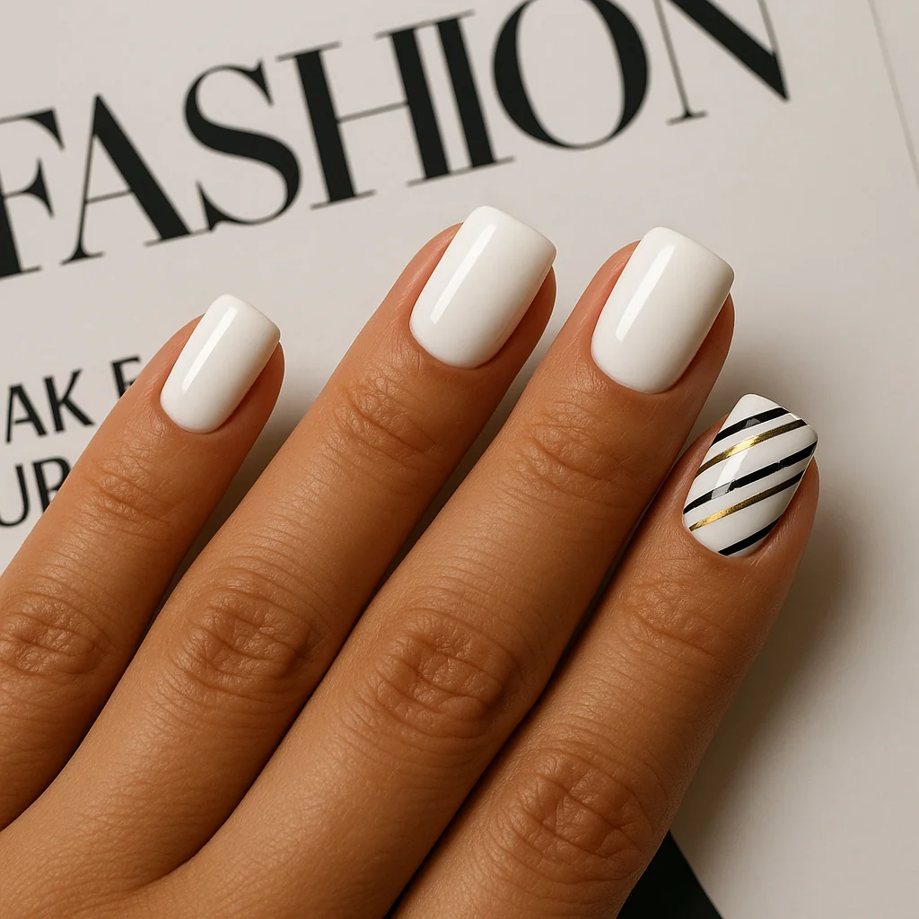 Short square nails in white with diagonal black and gold stripes on accent nails on medium warm skin — graphic nail art 2026