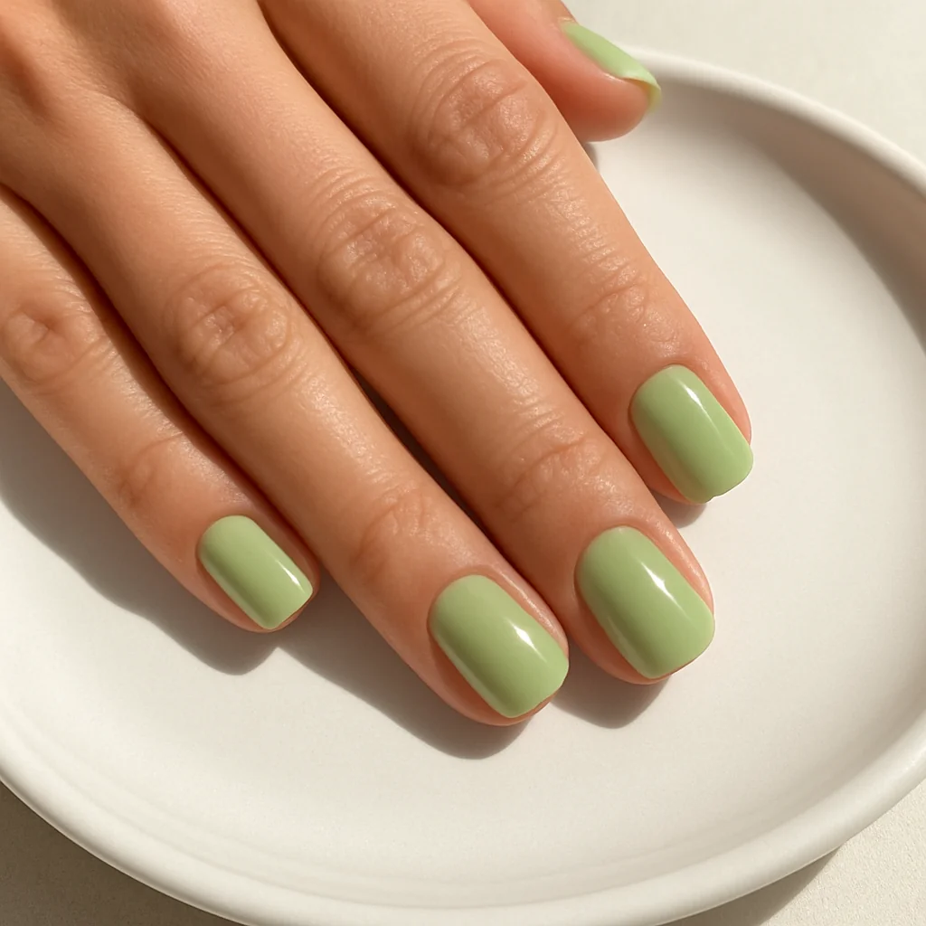 Short squoval nails in pistachio mint green gloss on warm tan skin on white ceramic — trending nail color 2026