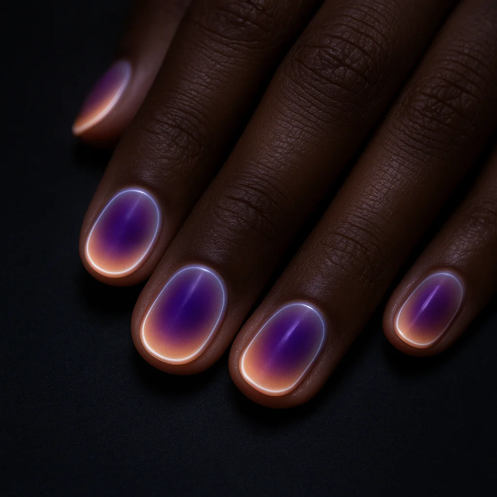 Short round nails with violet to peach aura gradient and white halo outline on dark brown skin — aura nail trend 2026