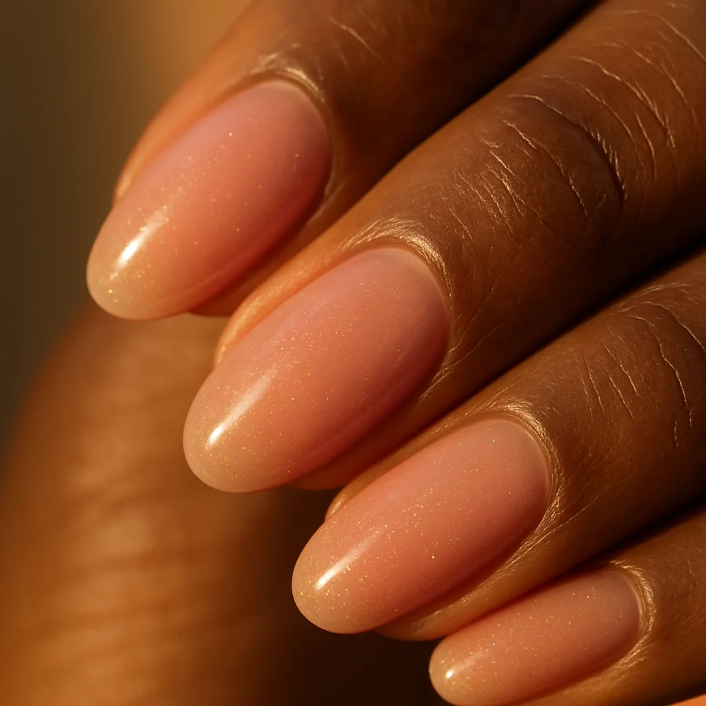Short almond nails in sheer pink with gold micro shimmer on deep warm black skin in golden afternoon light — elegant nail 2026