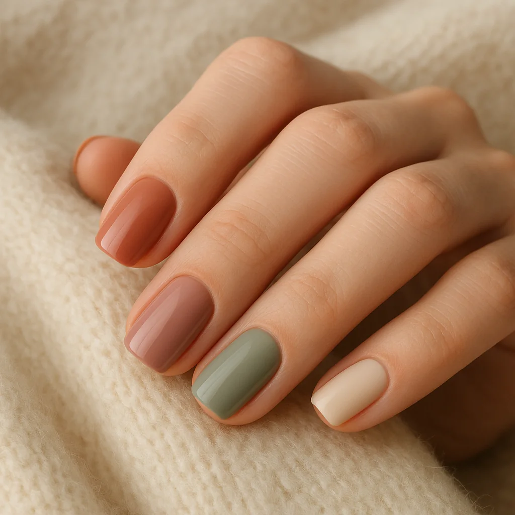 Short square nails in color-block terracotta dusty rose sage and cream on light fair skin on cream wool — editorial nail art 2026