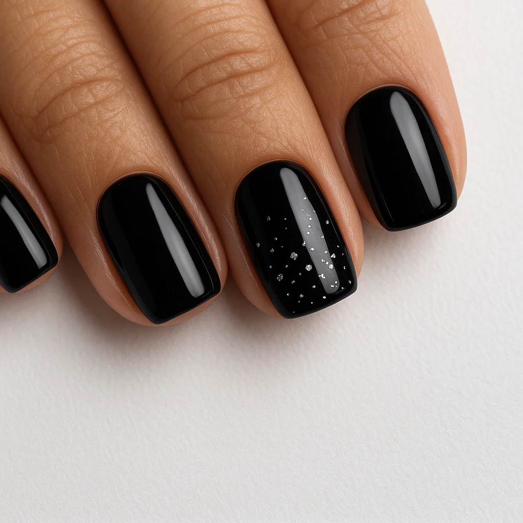 Short squoval nails in glossy midnight black with silver constellation dots on accent nail on warm tan skin — nail art 2026