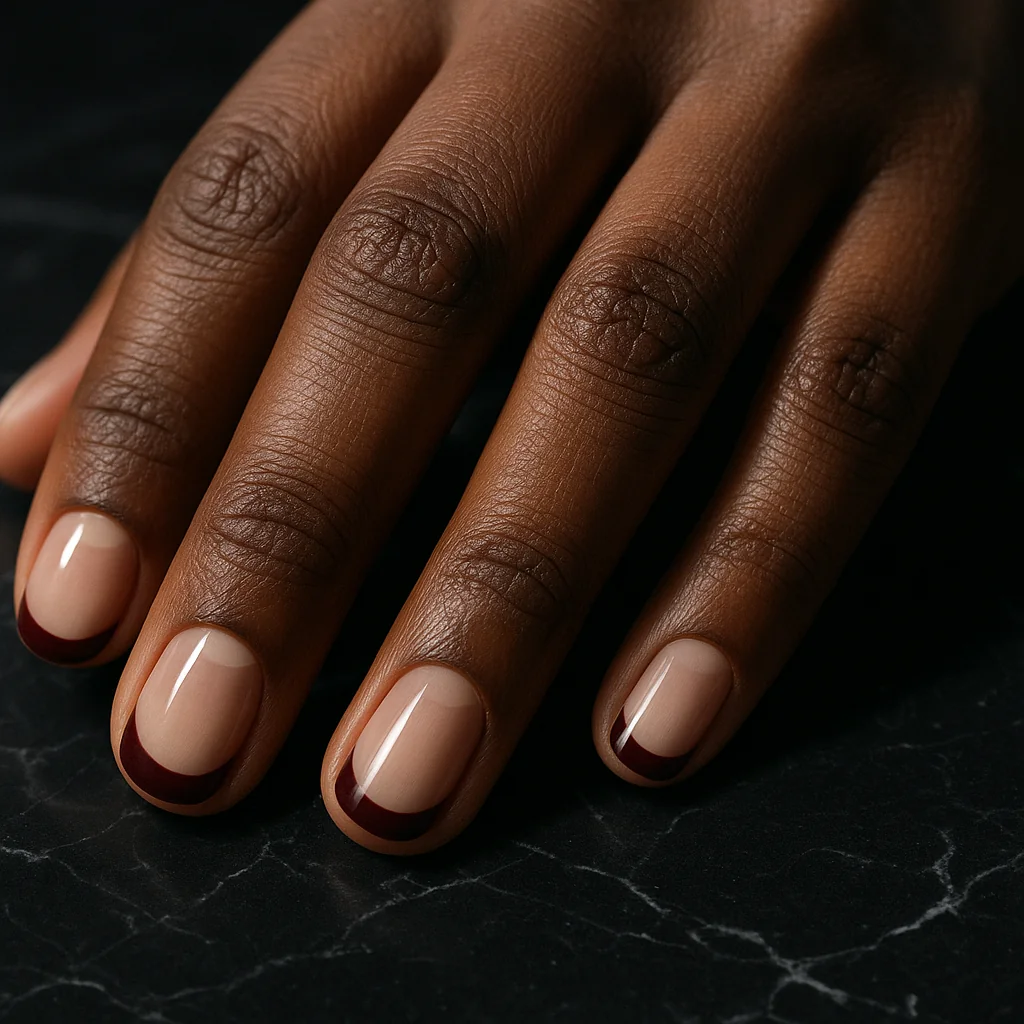 Short round nails with reverse French manicure in deep burgundy crescent on dark rich brown skin on black marble — sophisticated nail 2026
