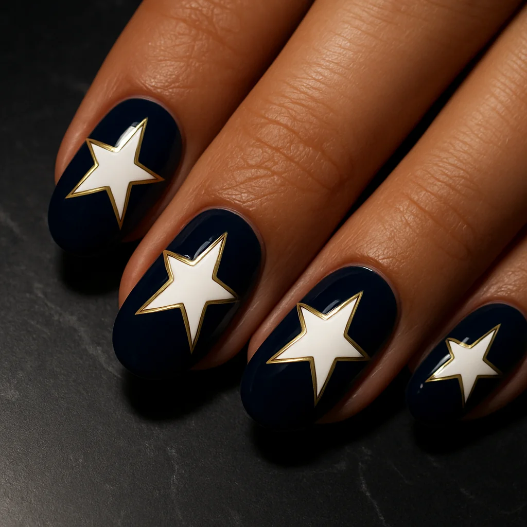 Single oversized white five-pointed star with gold outline on midnight navy base on warm brown skin — star nail design 2026