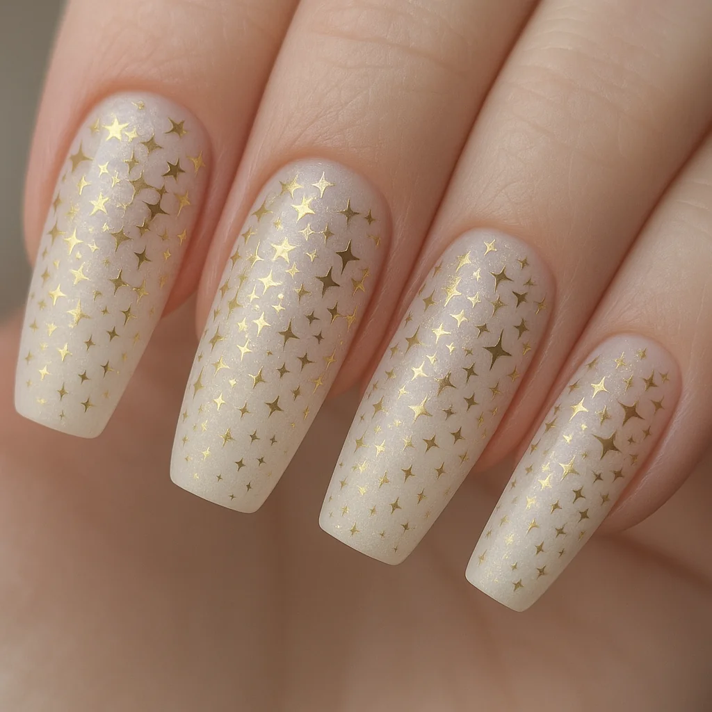Micro four-pointed sparkle stars gradient denser at cuticle gold metallic on milky pearl base on fair cool skin — star nail 2026
