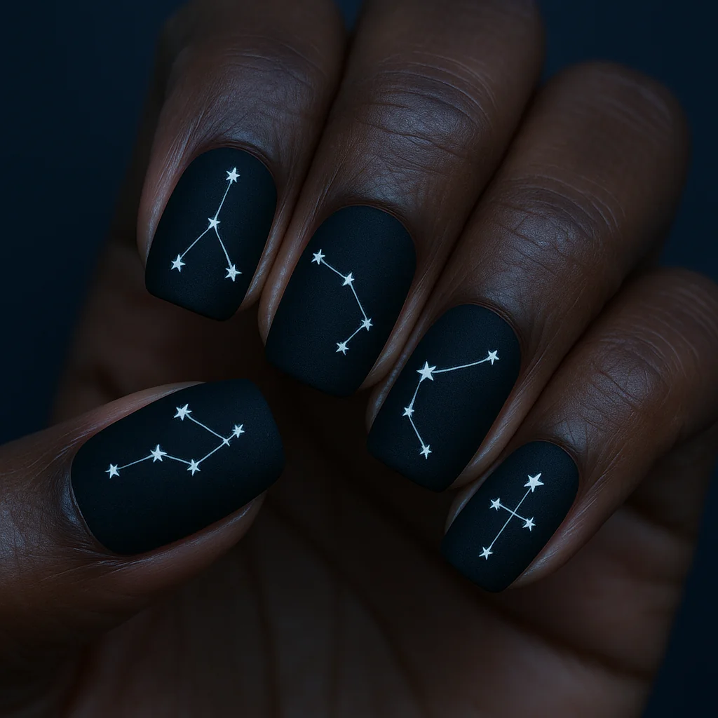 Constellation line art with precise star points and connecting lines each nail a different constellation on black velvet matte base on deep warm dark skin — star nail 2026