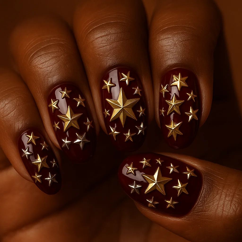 3D metallic star charms mixed gold silver rose-gold sizes on rich burgundy base on dark espresso skin warm amber light — maximalist star nail 2026