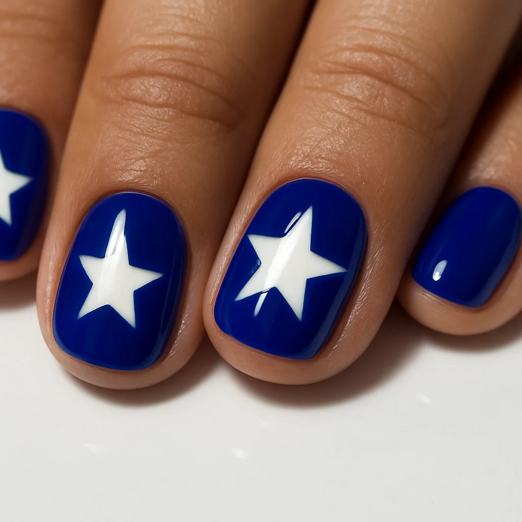 Negative space star cutout white nail showing through cobalt blue frame on warm tan skin on white ceramic — star nail design 2026