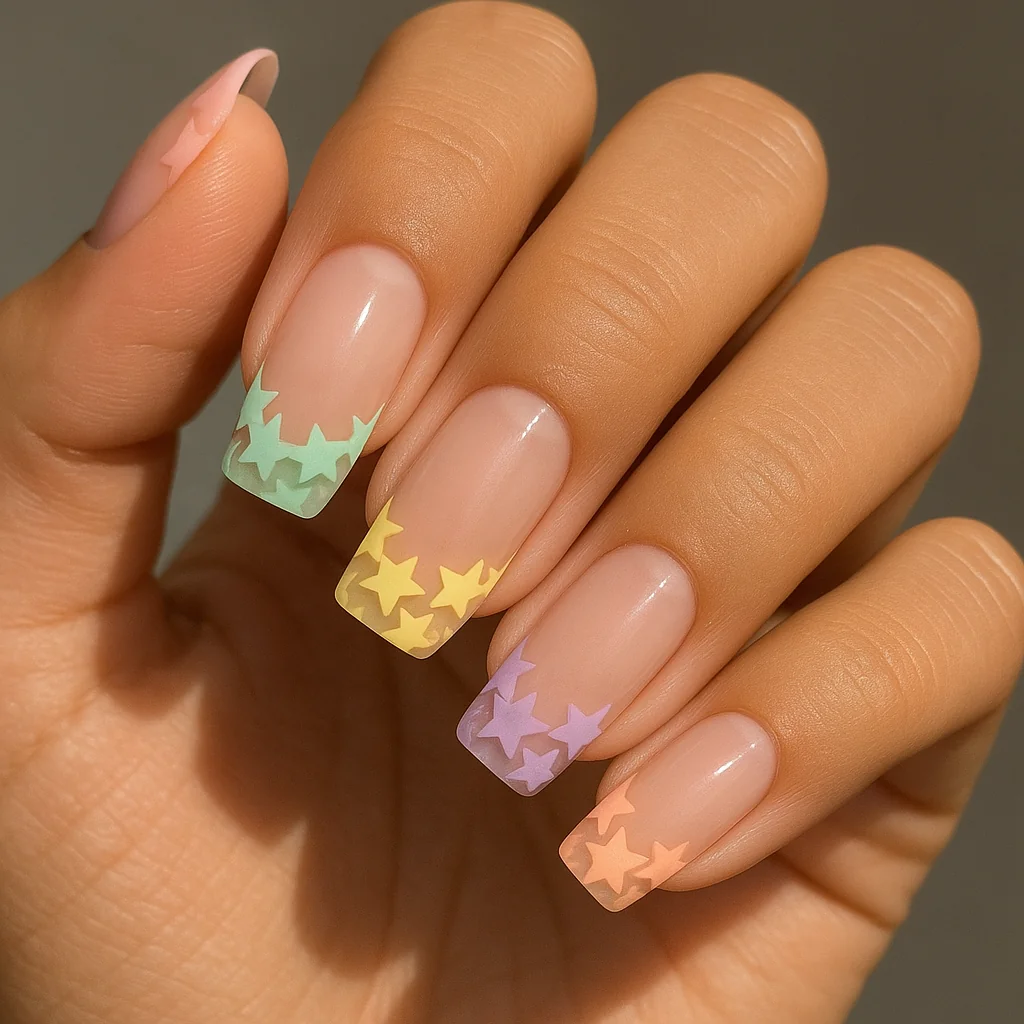 Pastel star French tips each nail different color cluster at free edge scalloped inner boundary on nude base on warm olive skin — star nail art 2026