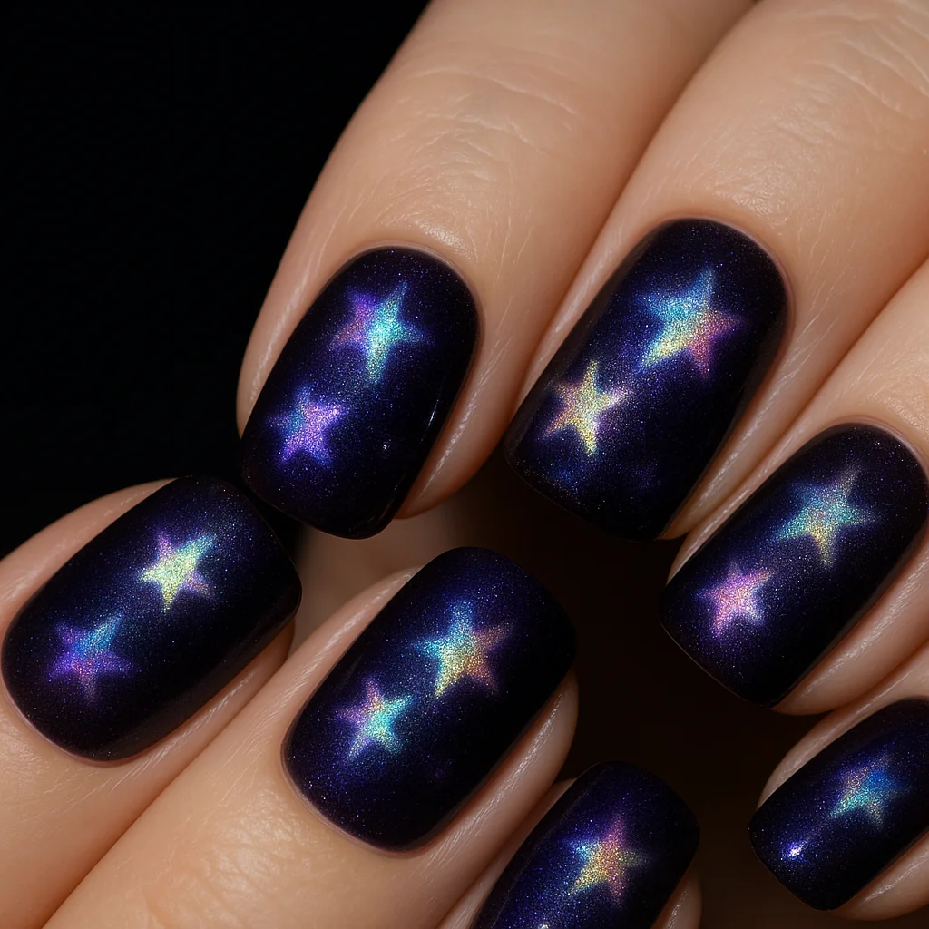 Aurora shimmer star shapes in iridescent AB shifting purple teal gold on dark purple black ombre base on pale fair skin — star nail art 2026