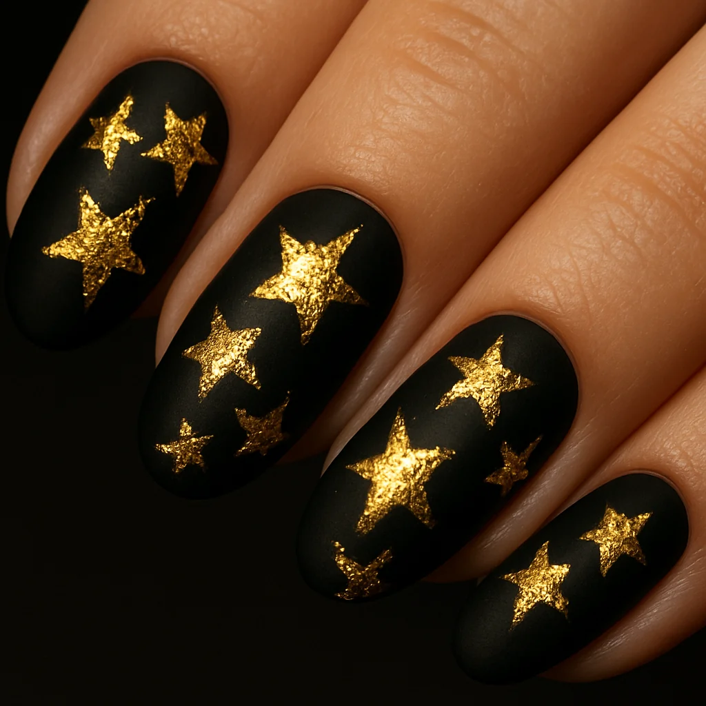 Gold foil star impressions pressed into matte black gel base organic irregular metallic edges on medium warm skin raking light — star nail 2026