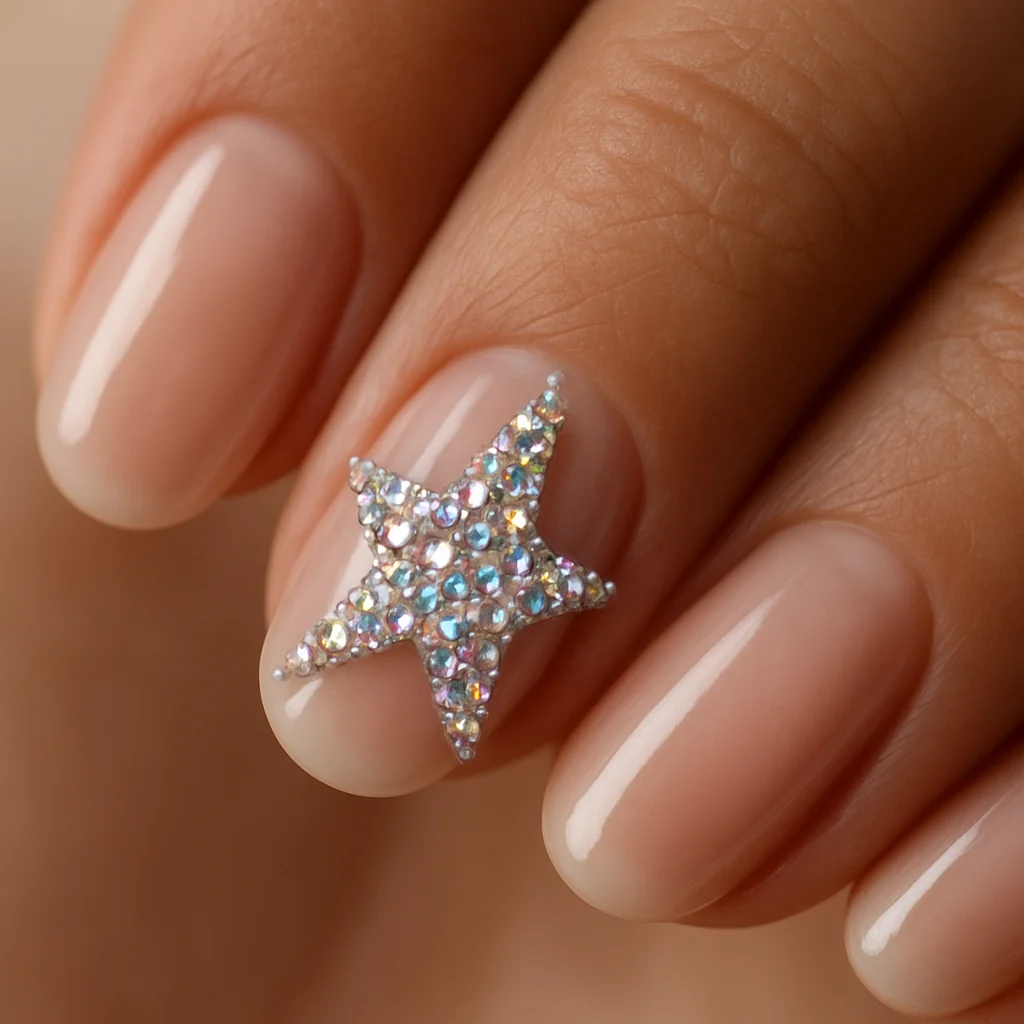 Single rhinestone star built from AB crystals on ring finger glaze base bare other nails on warm tan skin natural light — gem star nail 2026