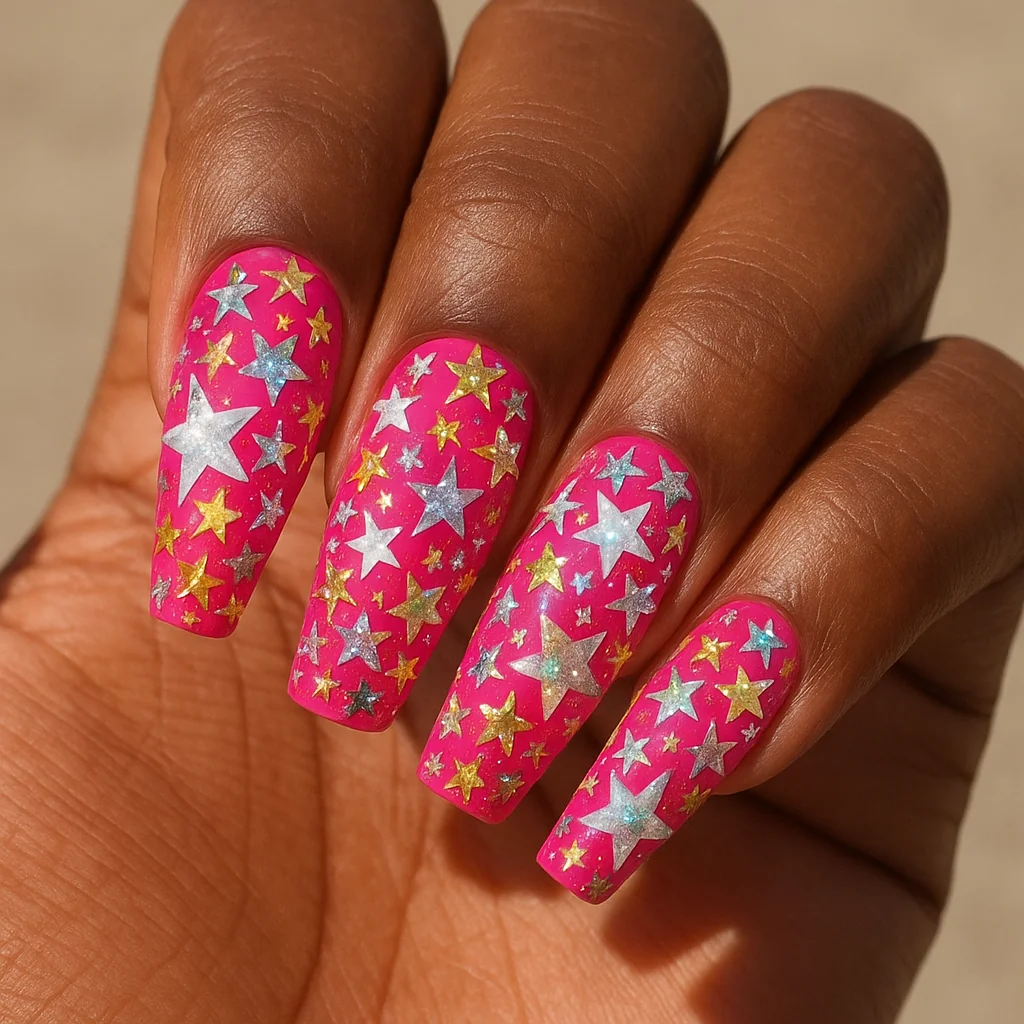 Y2K maximalist star explosion all star types mixed sizes painted rhinestone holographic on hot pink base on deep warm dark skin — maximalist star nail 2026