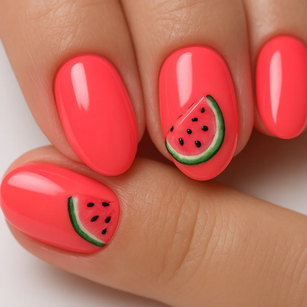 Watermelon nail art with coral pink base and painted watermelon slices — summer nail design 2026