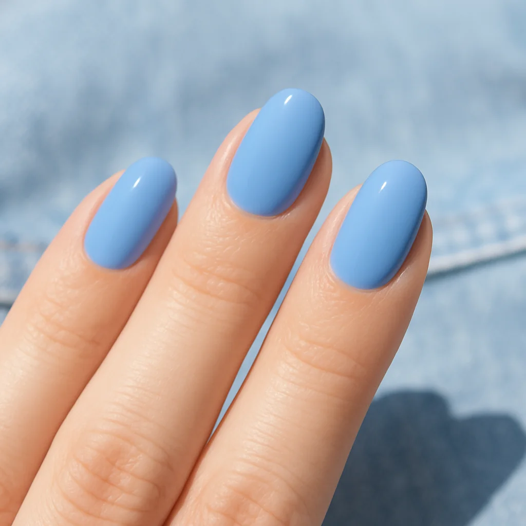 Cornflower blue minimal nails on short almond shape — trending summer nail color 2026