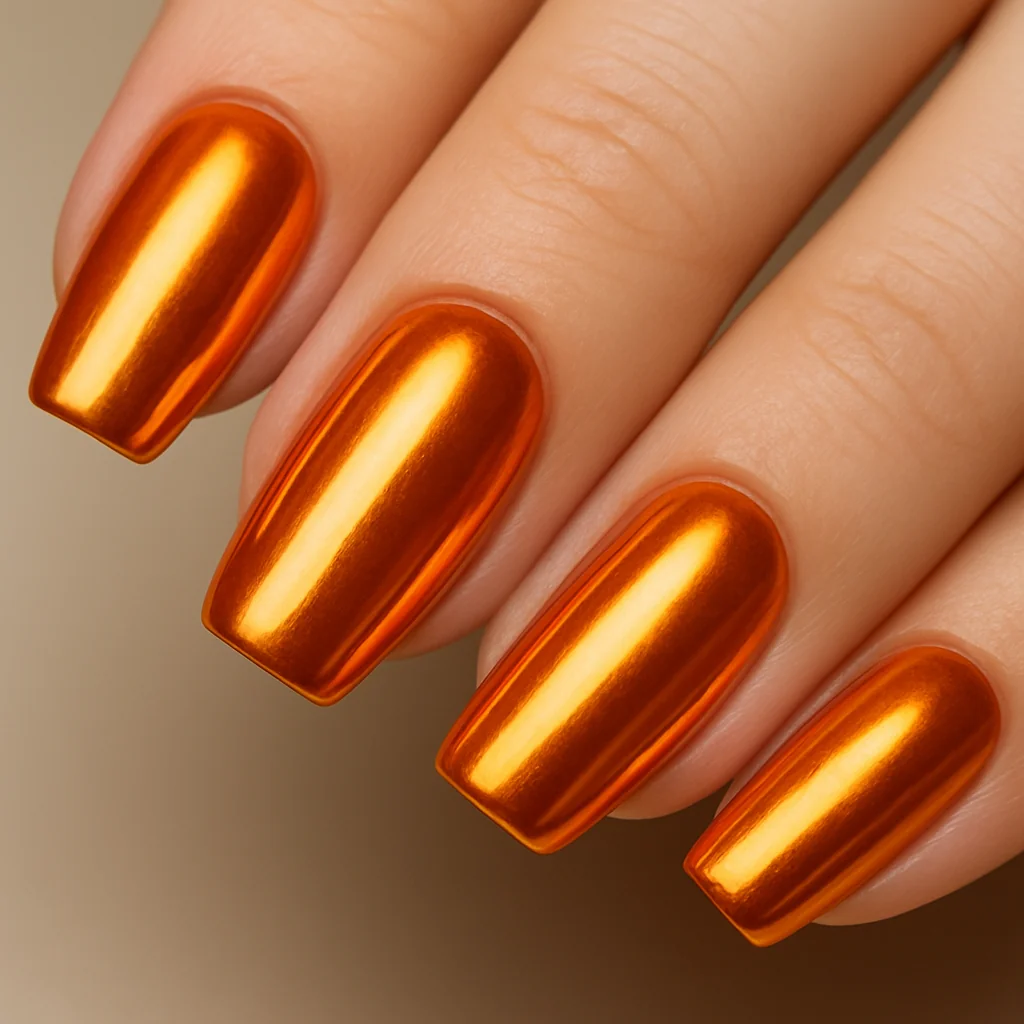 Juicy orange chrome nails with mirror shine on coffin shape — bold summer nail trend 2026