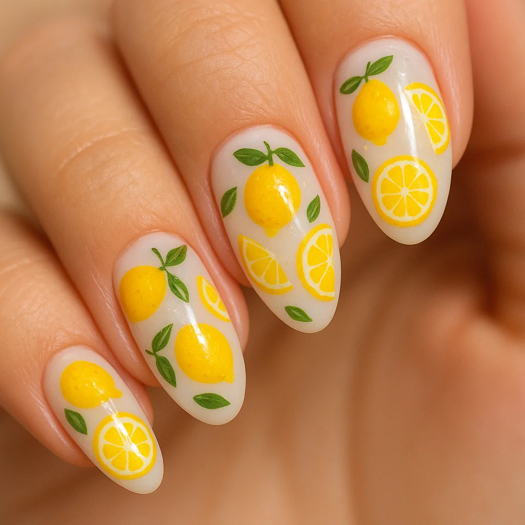 Lemon print nails with hand-painted lemons on sheer white base — Mediterranean summer nail art 2026