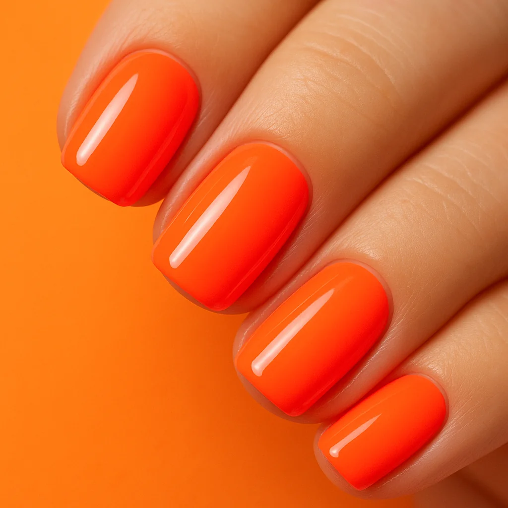 Neon coral orange glossy nails on short square shape — bold vacation nail color summer 2026