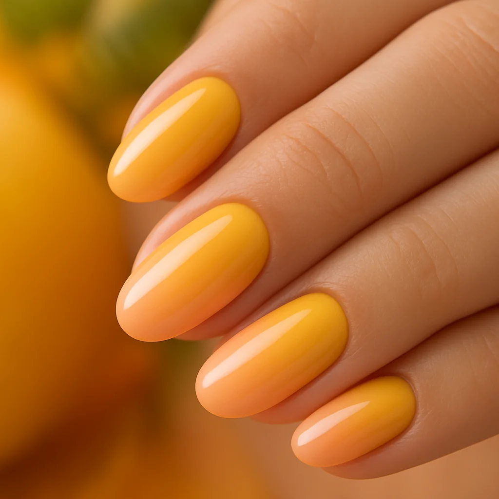 Mango yellow to peach ombré nails on almond shape — tropical summer nail design 2026